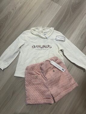 Tartine et Chocolat Cream Top with Pink Tweed Skirt